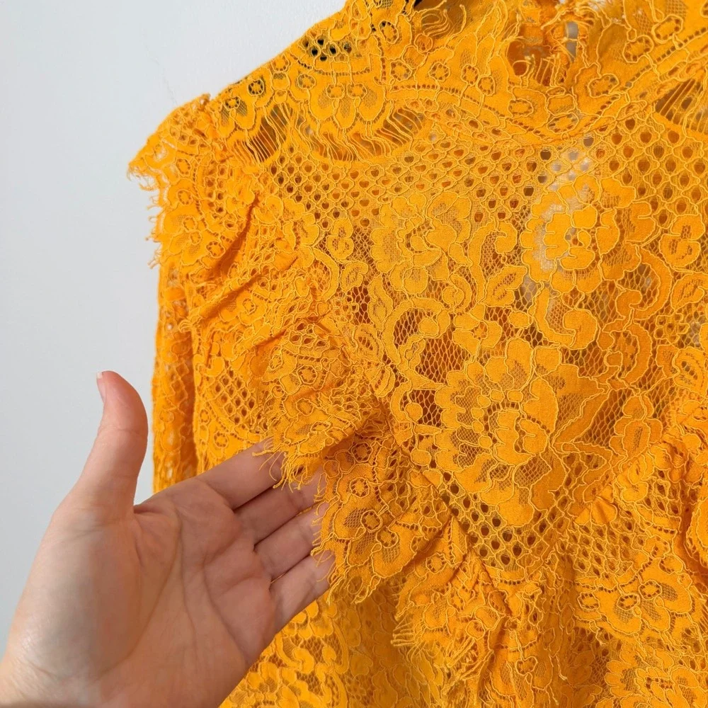 Golden Yellow Sheer Floral Lace Blouse Victorian Romantic‎ Boho Festival Top MED